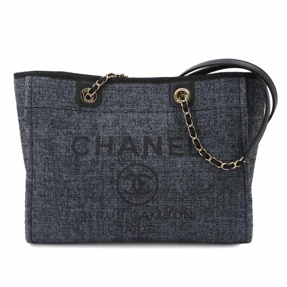 Chanel Deauville MM Chain Tote Handbag, Straw, Navy/Black, A67001, Gold Hardw...